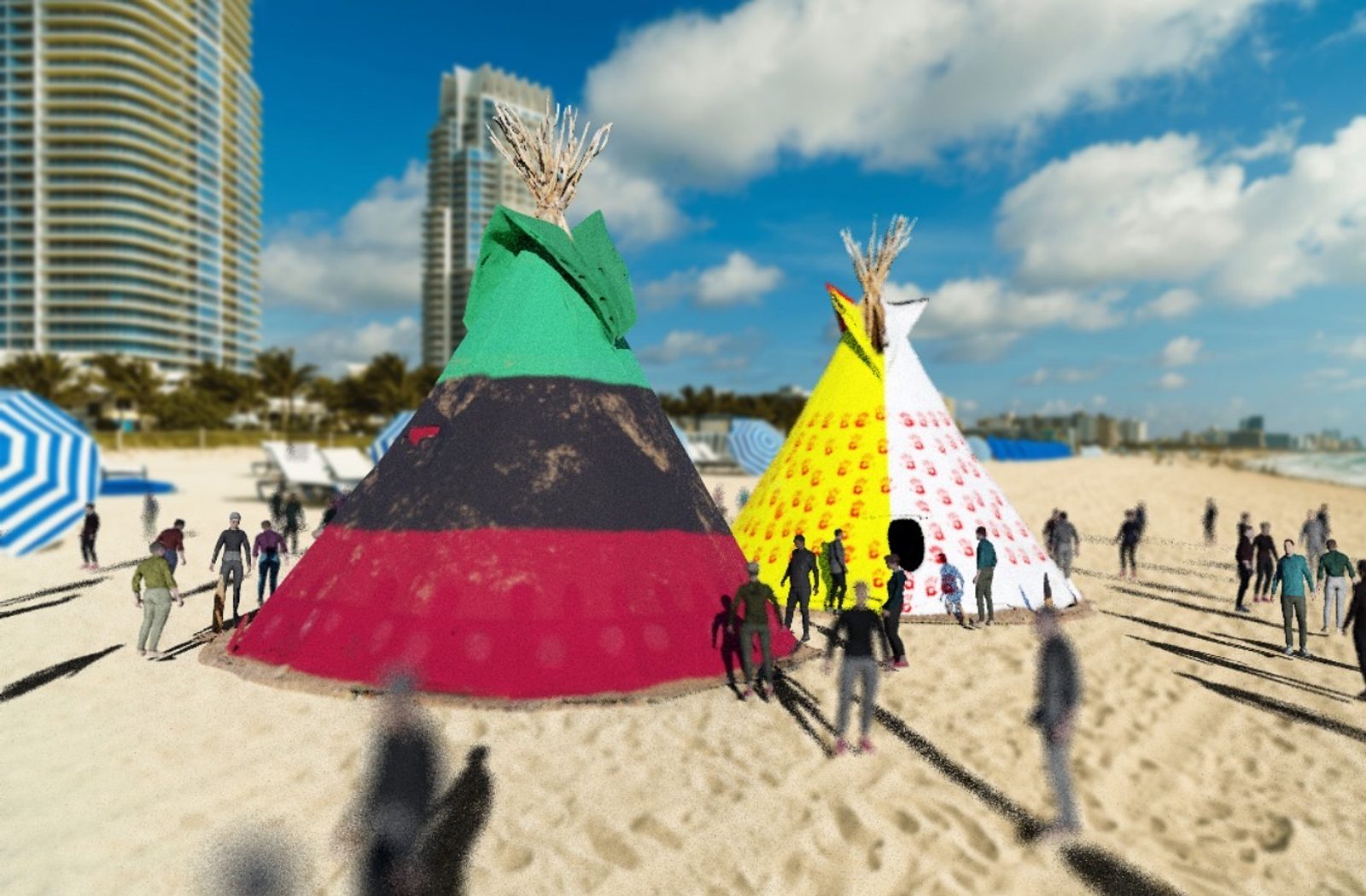 One Turtle Island installation on the sand against the Miami skyline